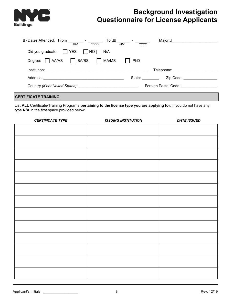 New York City Background Investigation Questionnaire For License Applicants Fill Out Sign 5581