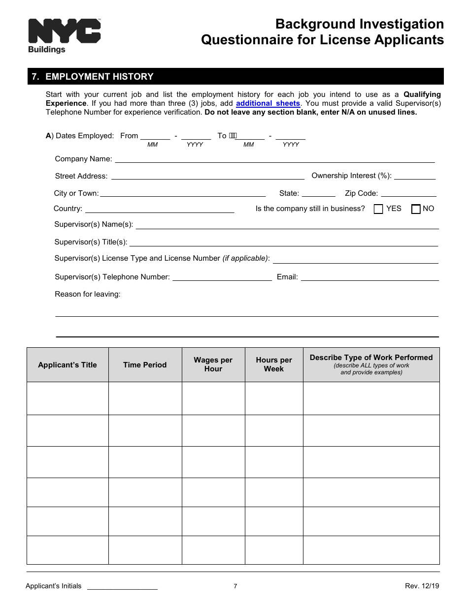 Background Investigation Questionnaire for License Applicants - New York City, Page 7