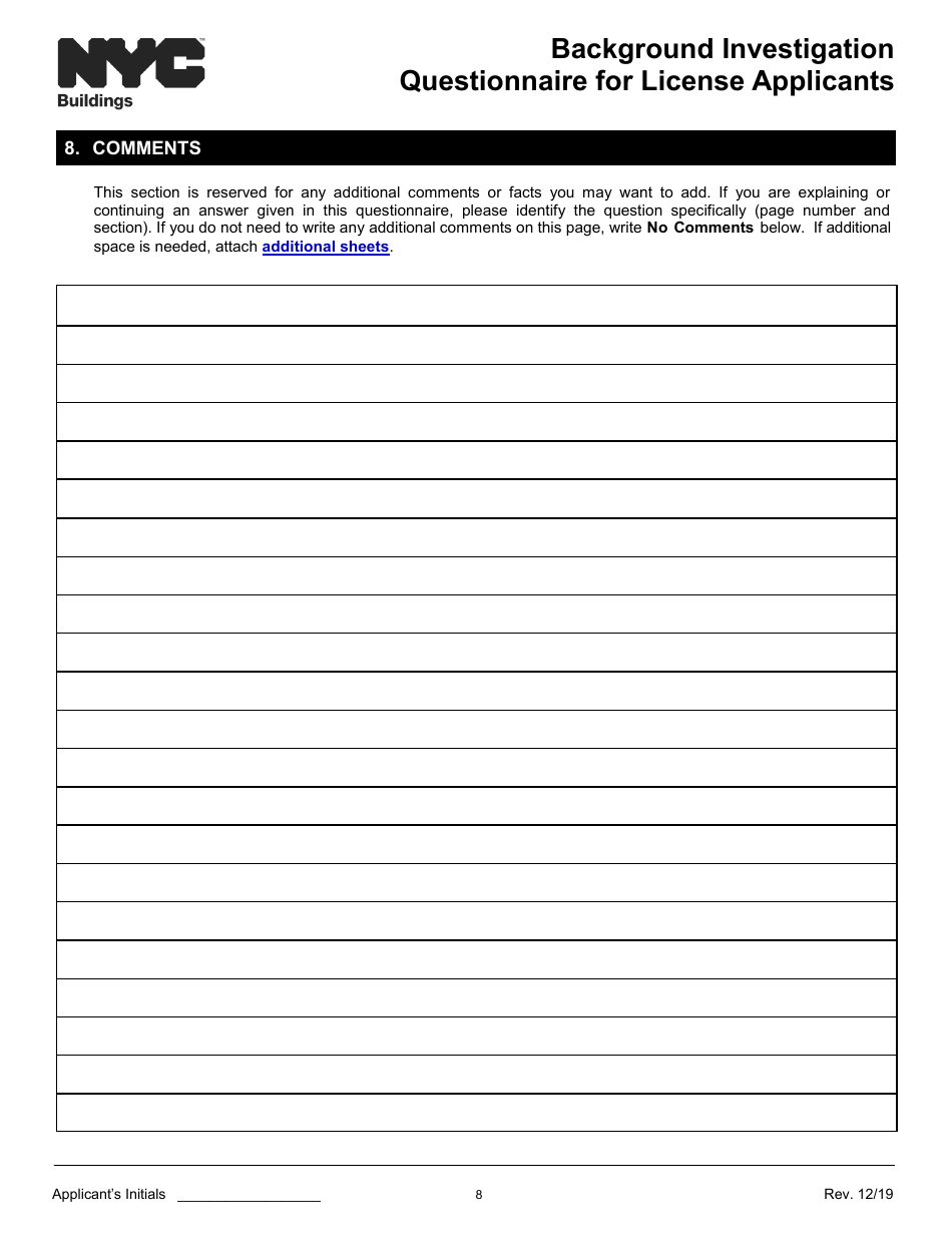 Background Investigation Questionnaire for License Applicants - New York City, Page 8