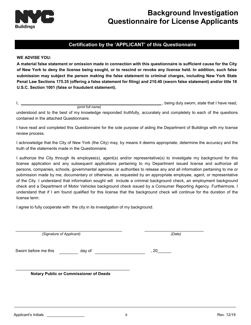 Background Investigation Questionnaire for License Applicants - New York City, Page 9