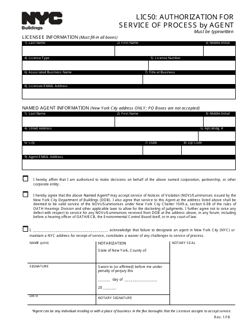 Form LIC50 Authorization for Service of Process by Agent - New York City