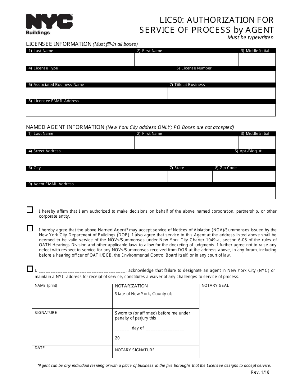 Form LIC50 Authorization for Service of Process by Agent - New York City, Page 1