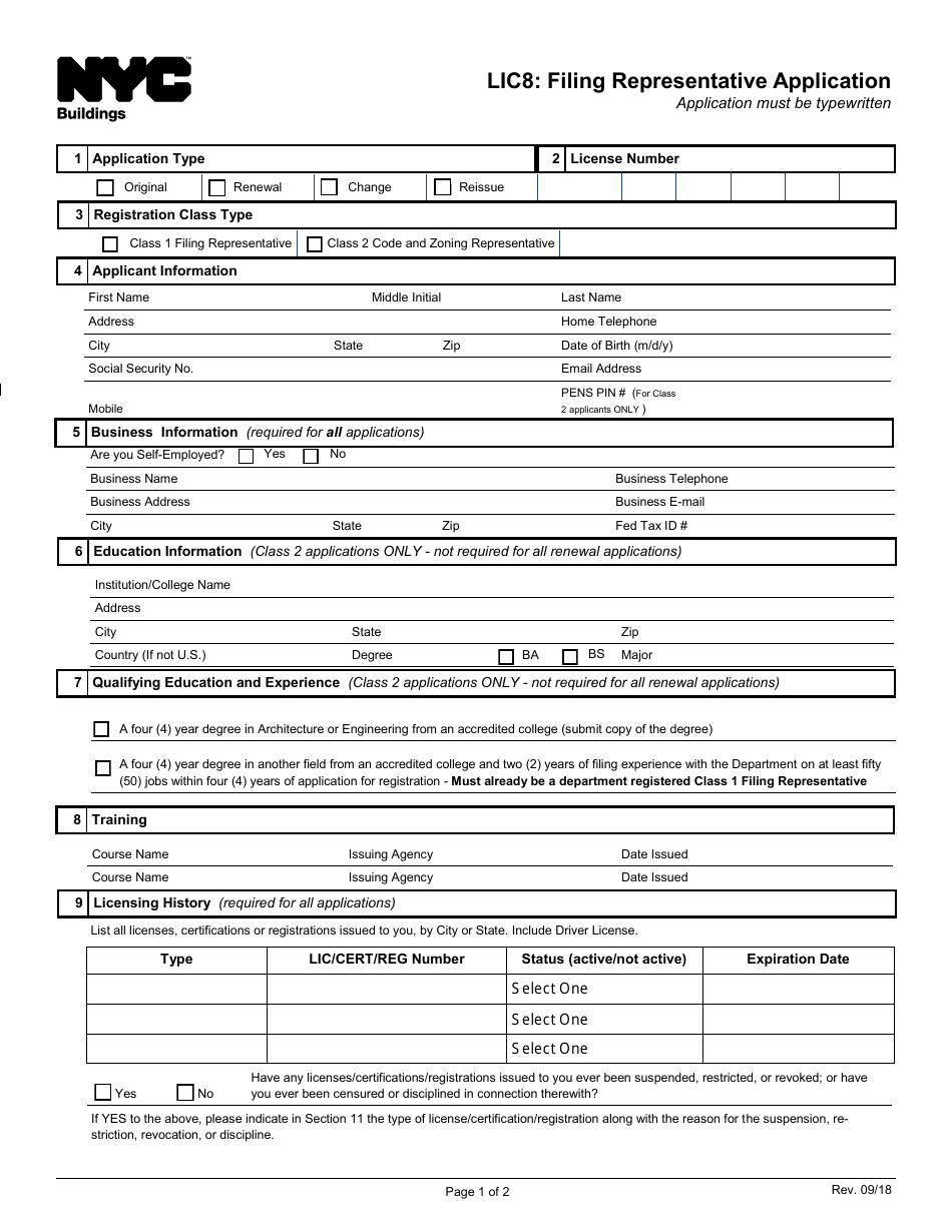 Form LIC8 Filing Representative Application - New York City, Page 1