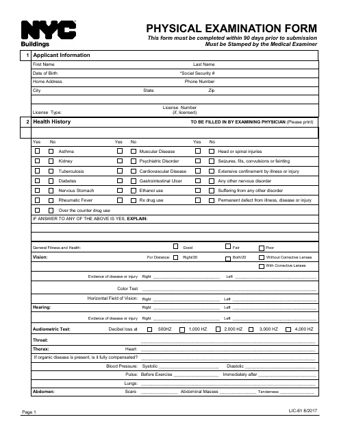 Form LIC61 Physical Examination Form - New York City