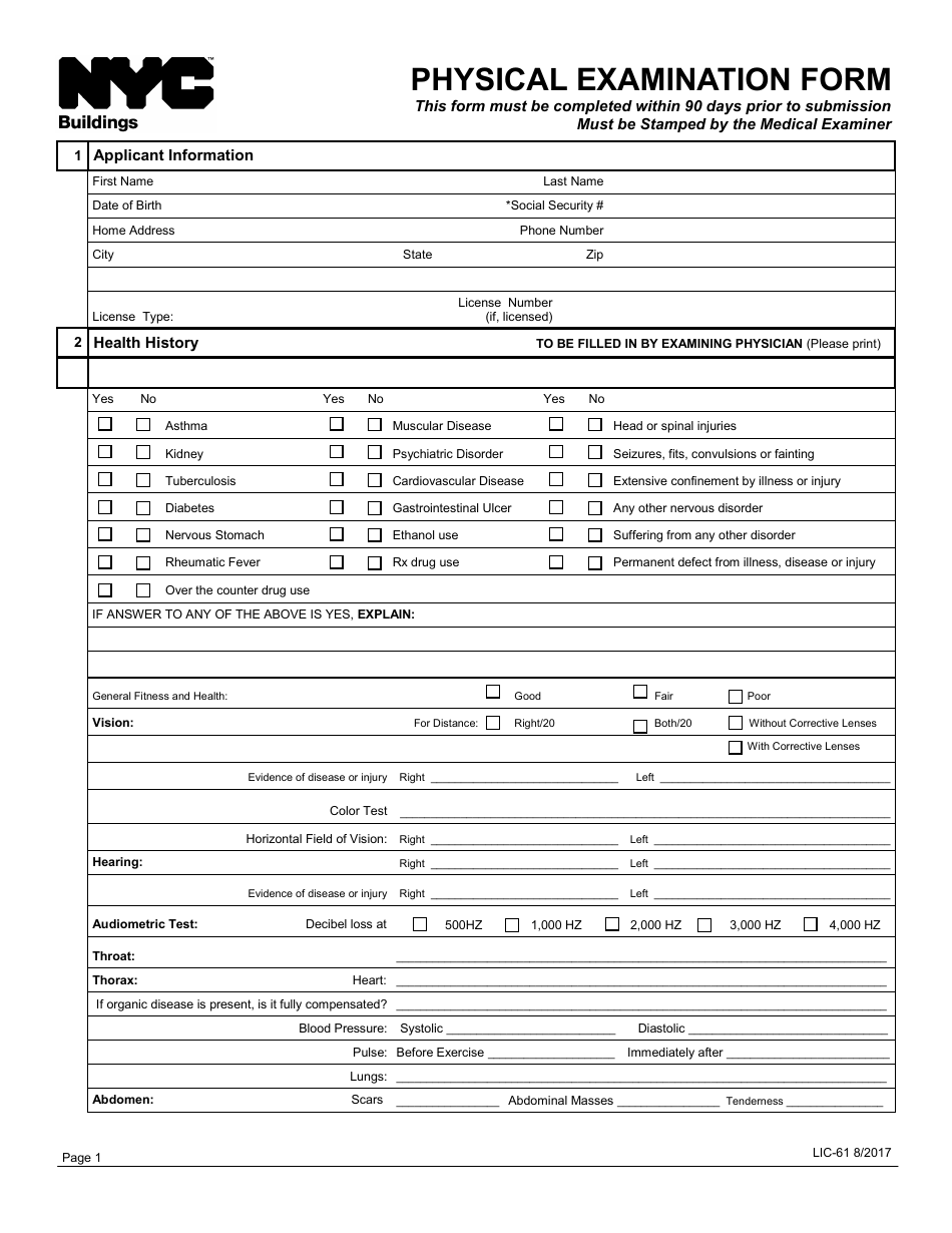 Form LIC61 Physical Examination Form - New York City, Page 1