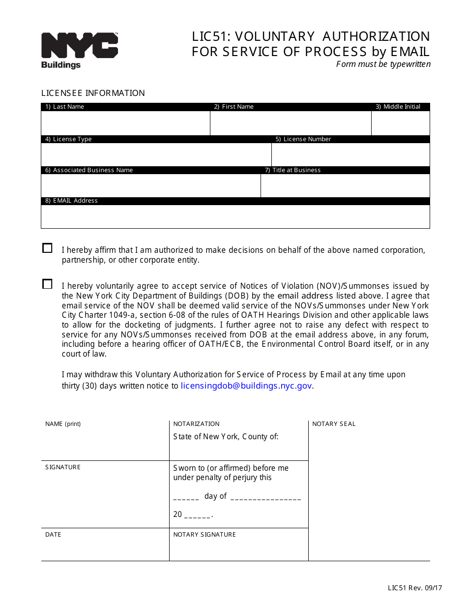 Form LIC51 Voluntary Authorization for Service of Process by Email - New York City, Page 1