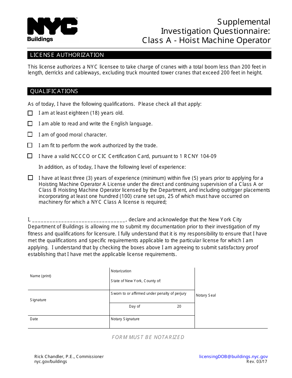 Supplemental Investigation Questionnaire: Class a - Hoist Machine Operator - New York City, Page 1