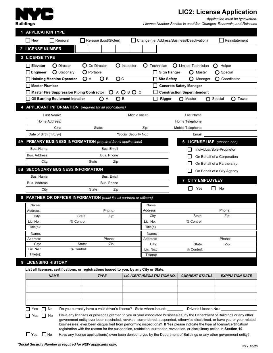 Form LIC2 License Application - New York City, Page 1