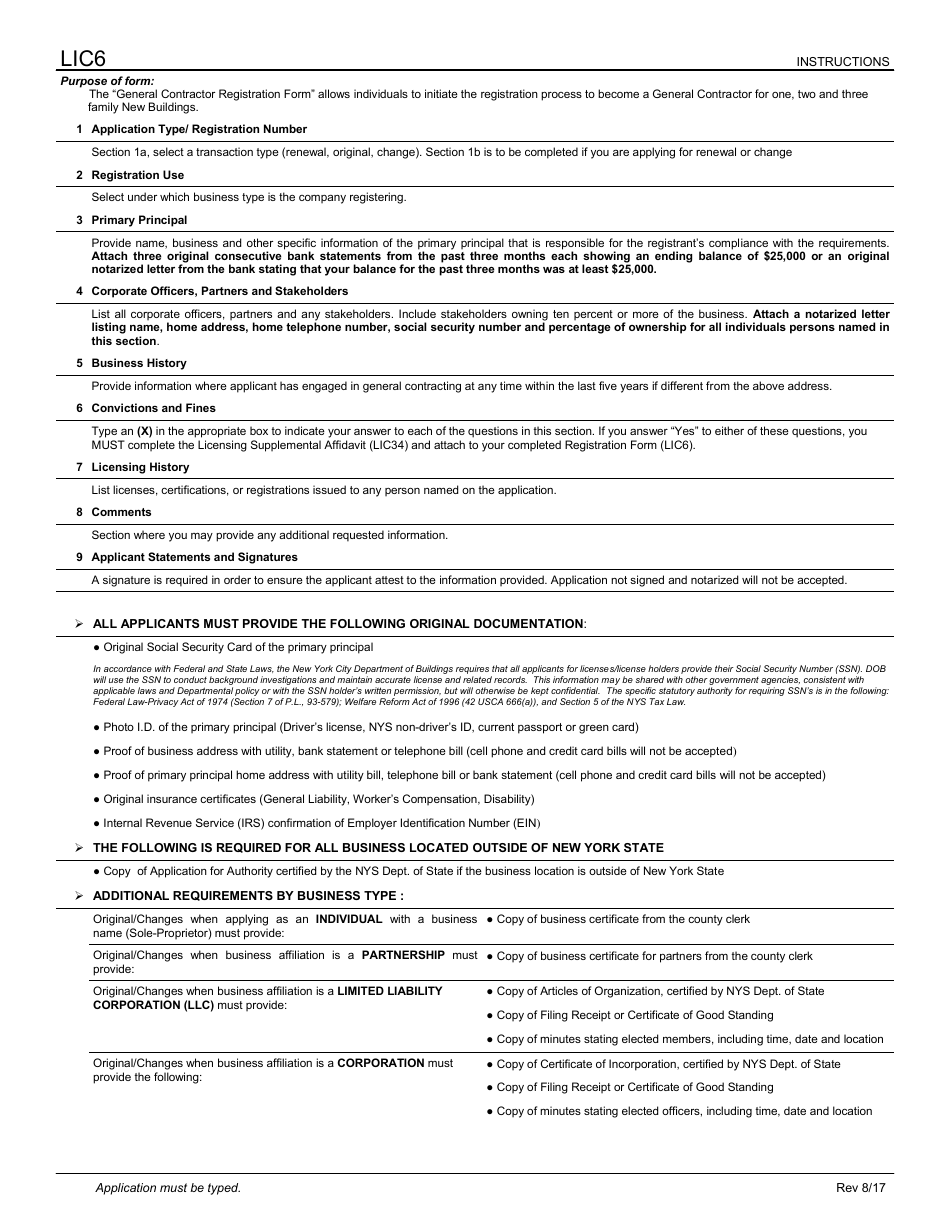 Instructions for Form LIC6 General Contractor Registration Form - New York City, Page 1