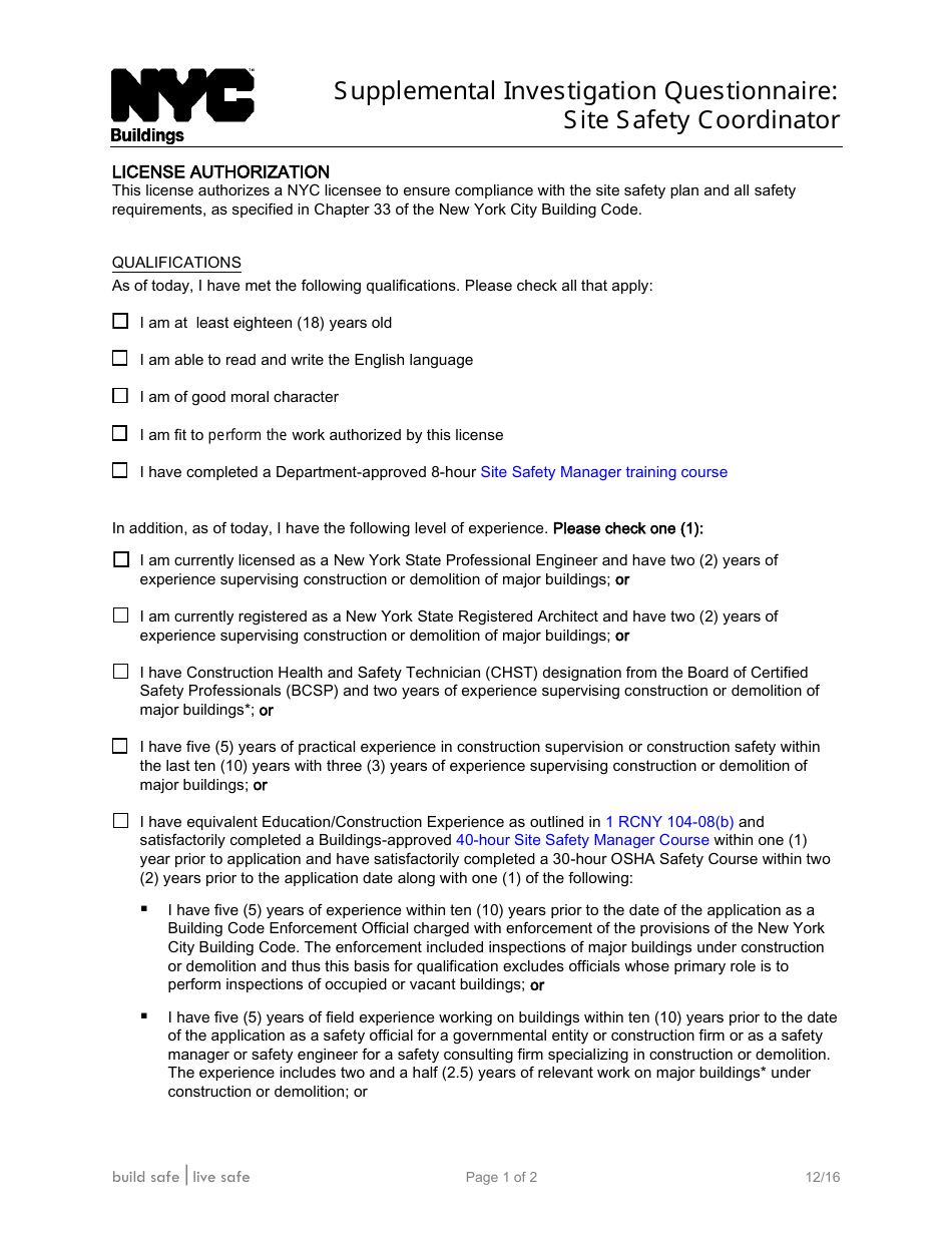 Supplemental Investigation Questionnaire: Site Safety Coordinator - New York City, Page 1