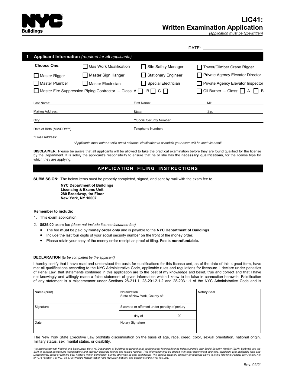 Form LIC41 Written Examination Application - New York City, Page 1