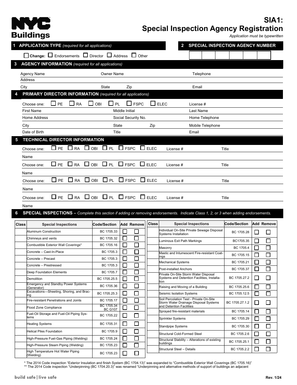 Form SIA1 Special Inspection Agency Registration - New York City, Page 1