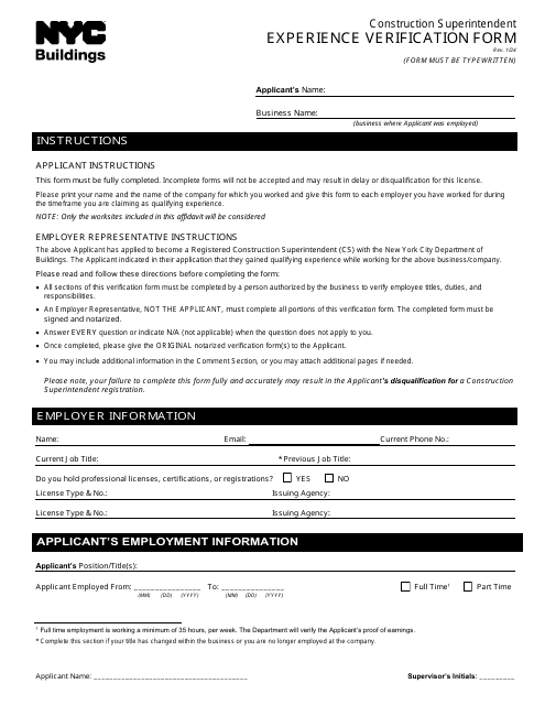 Experience Verification Form - New York City Download Pdf