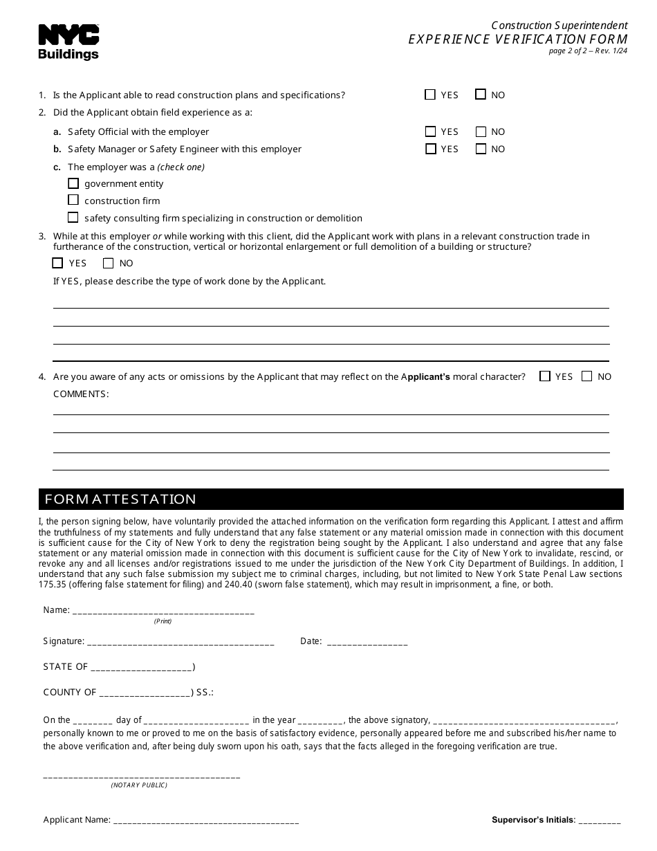 Experience Verification Form - New York City, Page 2