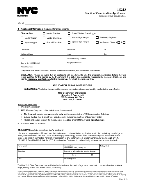 Form LIC42 Practical Examination Application - New York City