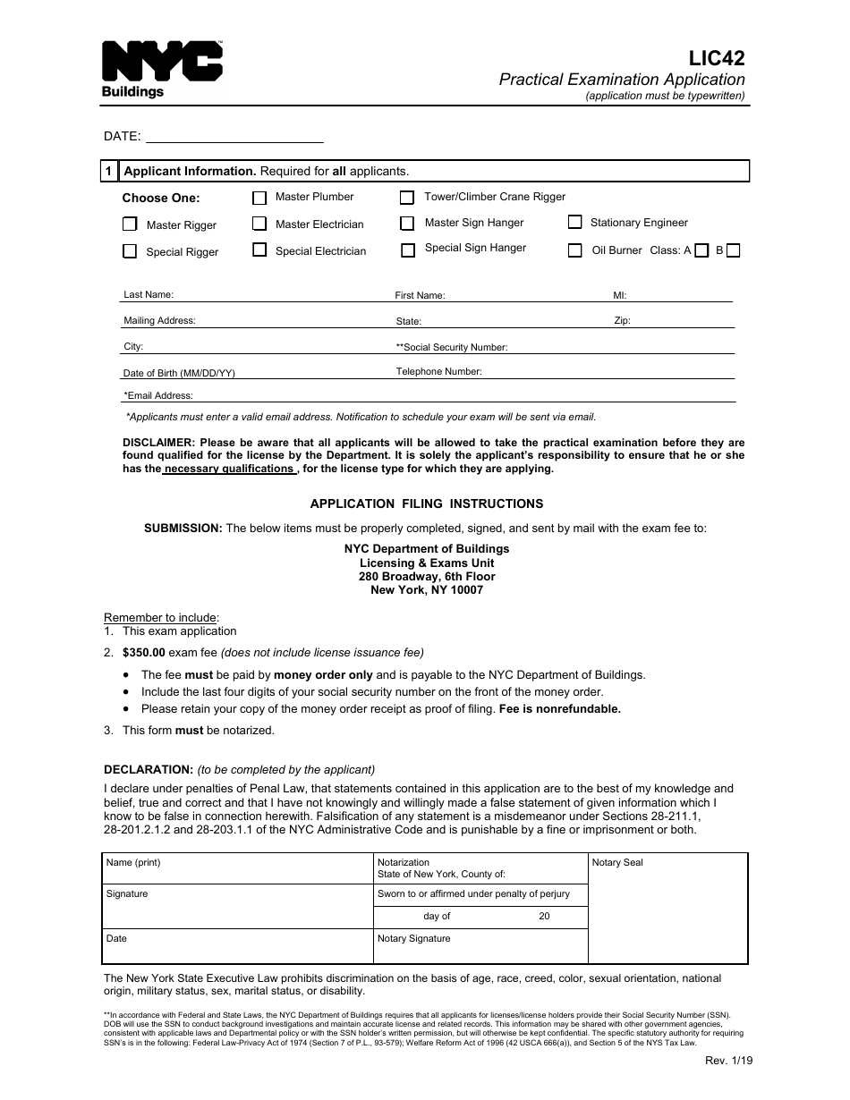 Form LIC42 Practical Examination Application - New York City, Page 1