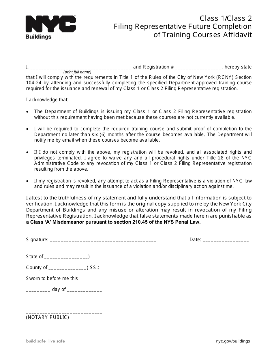 Class 1 / Class 2 Filing Representative Future Completion of Training Courses Affidavit - New York City, Page 1