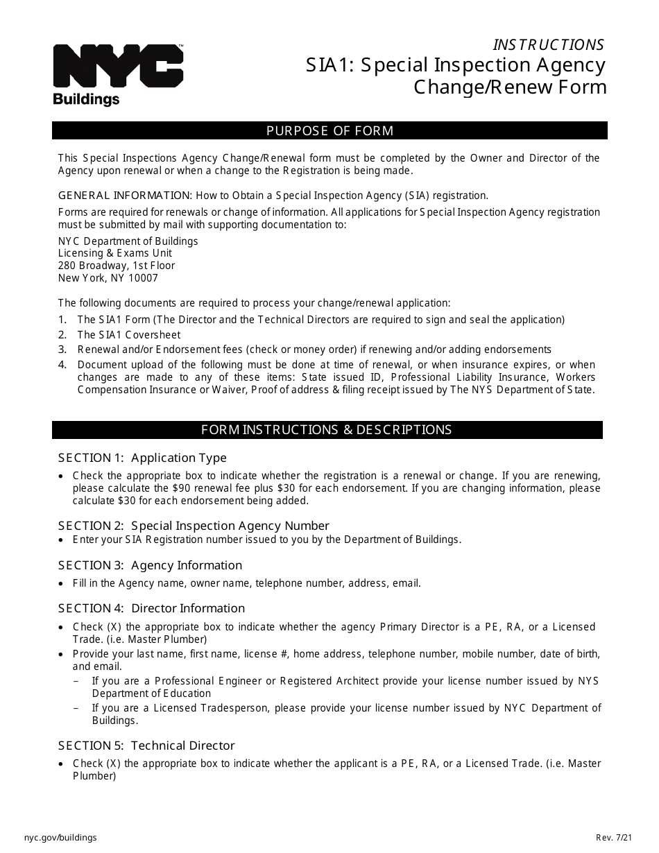 Instructions for Form SIA1 Special Inspection Agency Change / Renew Form - New York City, Page 1