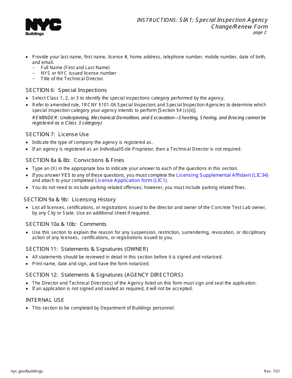 Instructions for Form SIA1 Special Inspection Agency Change / Renew Form - New York City, Page 2