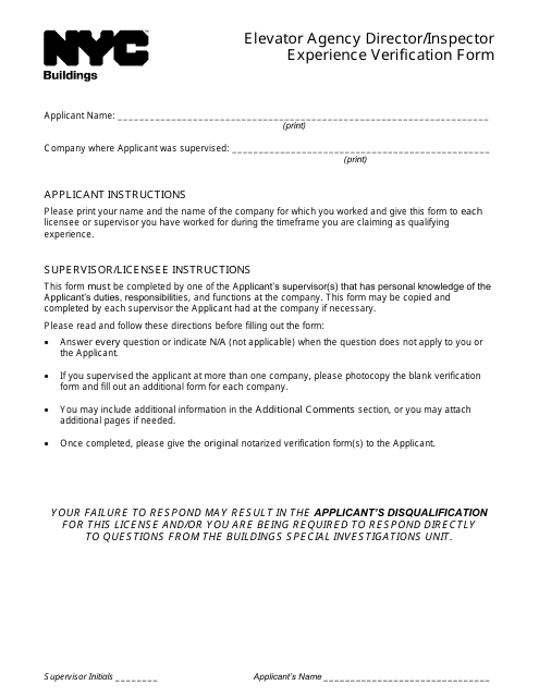 Elevator Agency Director / Inspector Experience Verification Form - New York City Download Pdf