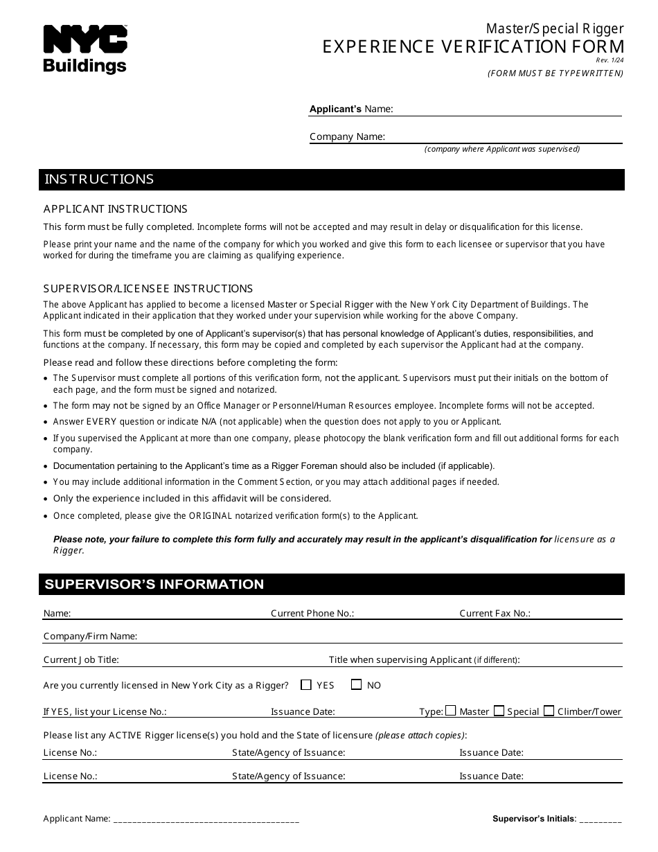Master / Special Rigger Experience Verification Form - New York City, Page 1