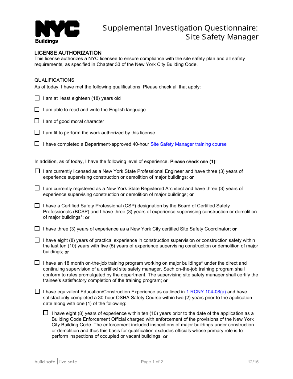 Supplemental Investigation Questionnaire: Site Safety Manager - New York City, Page 1