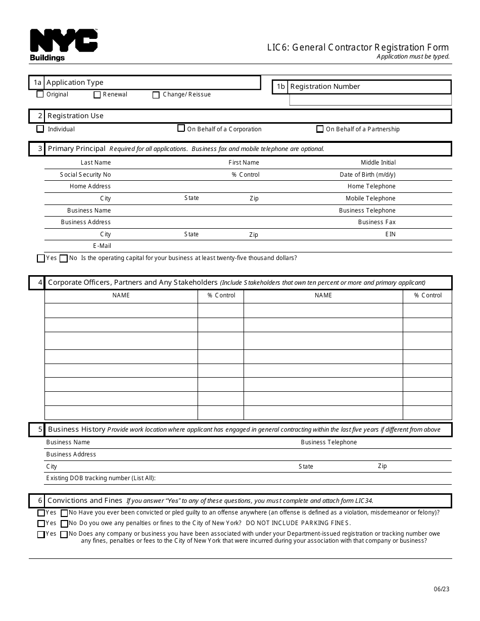 Form LIC6 General Contractor Registration Form - New York City, Page 1