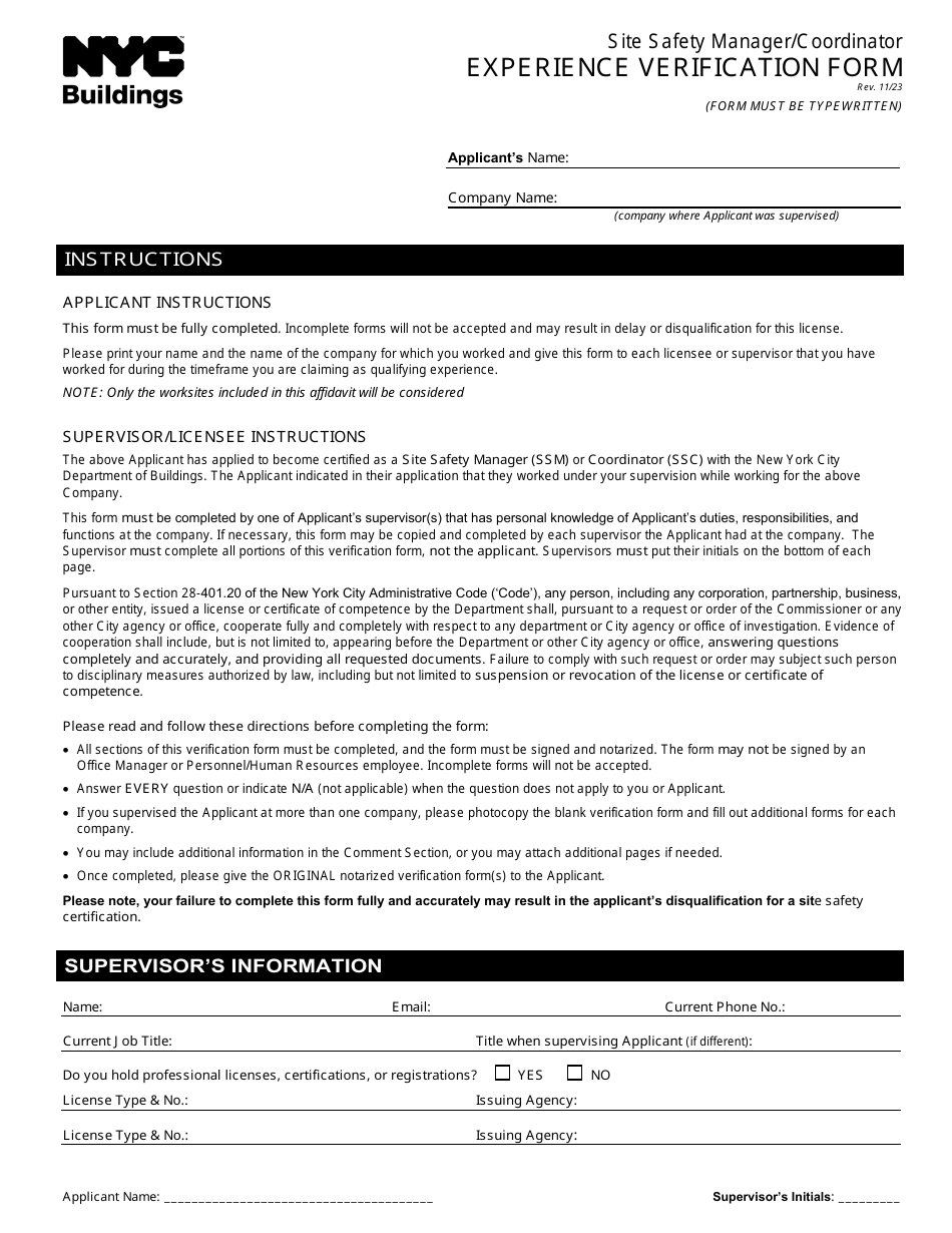 Site Safety Manager / Coordinator Experience Verification Form - New York City, Page 1
