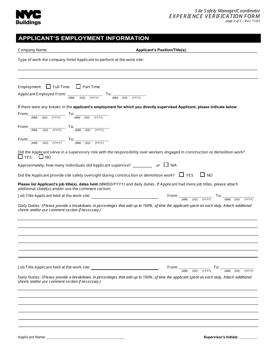 Site Safety Manager / Coordinator Experience Verification Form - New York City, Page 2