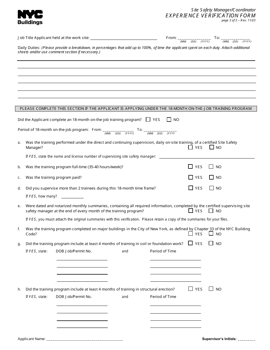 Site Safety Manager / Coordinator Experience Verification Form - New York City, Page 3