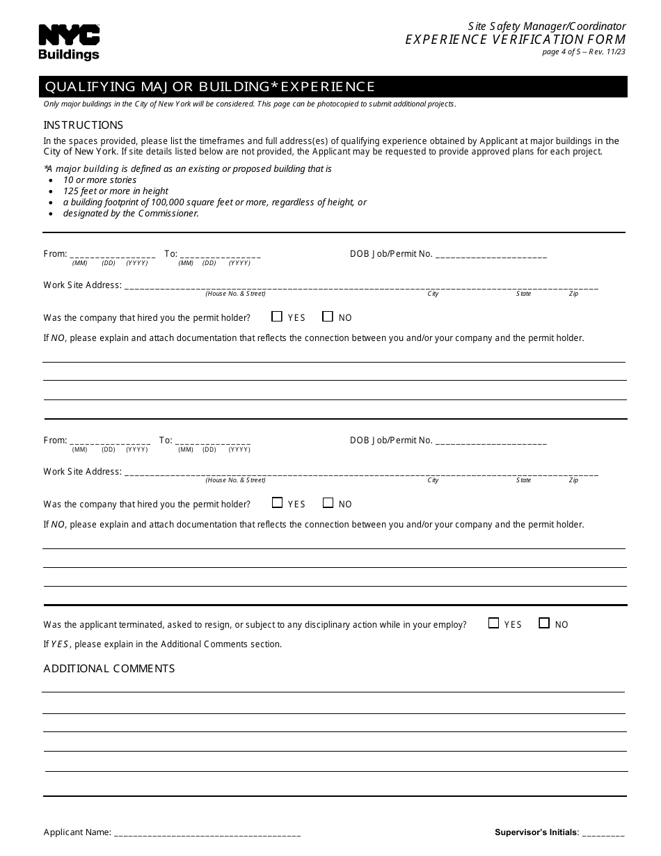 Site Safety Manager / Coordinator Experience Verification Form - New York City, Page 4