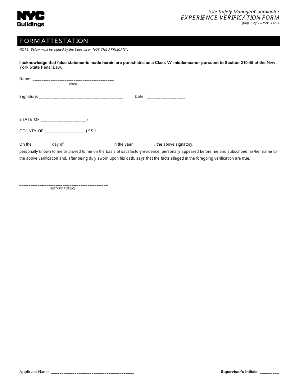 Site Safety Manager / Coordinator Experience Verification Form - New York City, Page 5