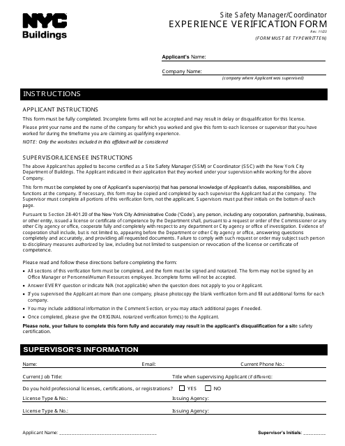 Site Safety Manager / Coordinator Experience Verification Form - New York City Download Pdf