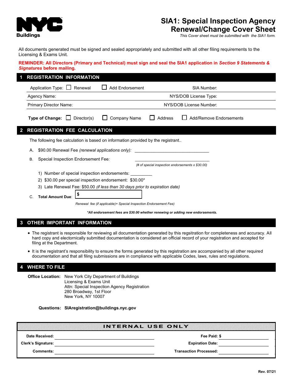 Special Inspection Agency Renewal / Change Cover Sheet - New York City, Page 1