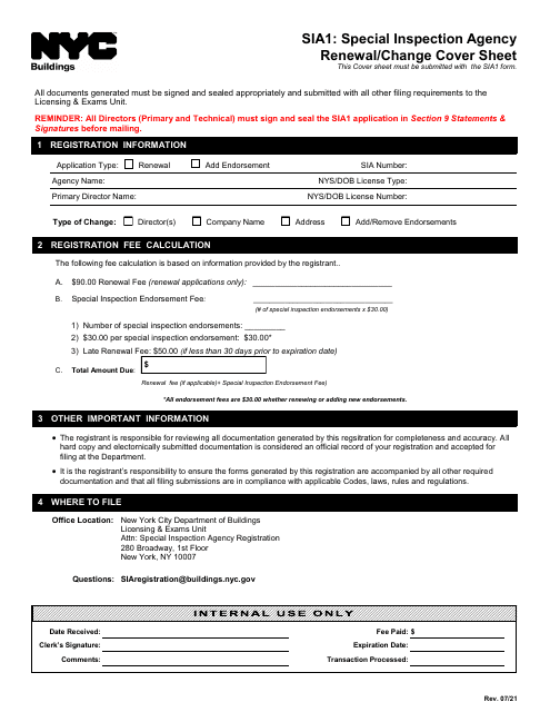 Special Inspection Agency Renewal / Change Cover Sheet - New York City Download Pdf