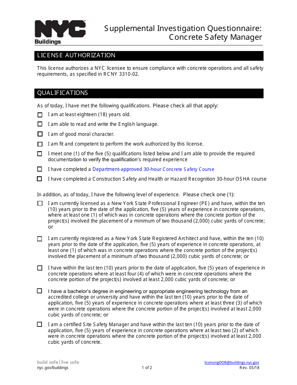 Supplemental Investigation Questionnaire: Concrete Safety Manager - New York City, Page 1