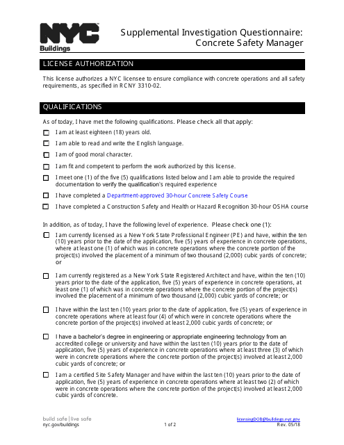 Supplemental Investigation Questionnaire: Concrete Safety Manager - New York City Download Pdf