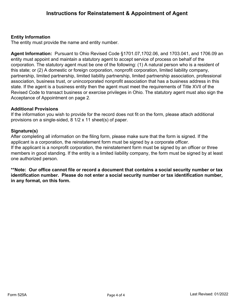 Form 525A Reinstatement  Appointment of Agent - Ohio, Page 4