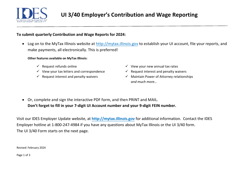 Form UI-3 / 40 Employers Contribution and Wage Report - Illinois, Page 1