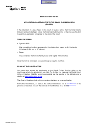 Document preview: Form SJ-855A Application for Transfer to the Small Claims Division - Quebec, Canada