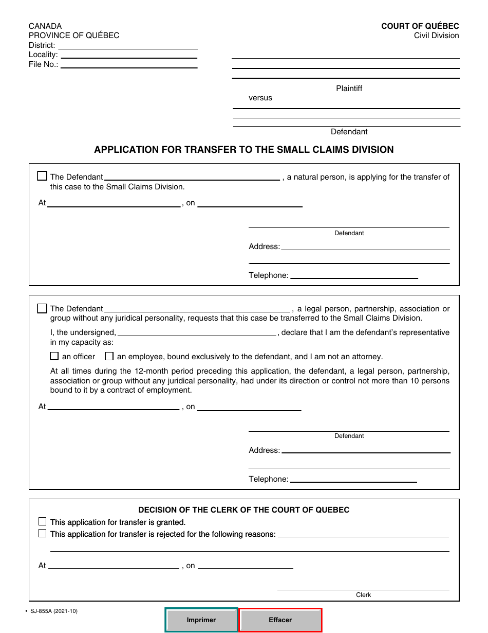 Form SJ-855A Application for Transfer to the Small Claims Division - Quebec, Canada, Page 2