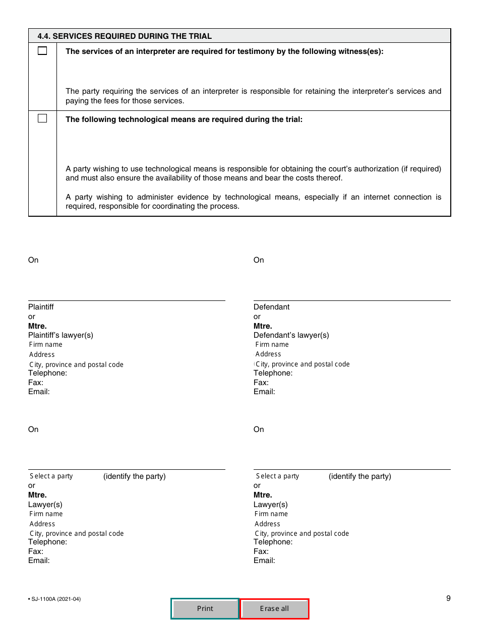 Form SJ-1100A Application for Setting Down for Trial and Judgment - Quebec, Canada, Page 10