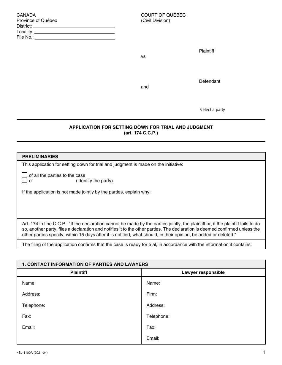 Form SJ-1100A Application for Setting Down for Trial and Judgment - Quebec, Canada, Page 2