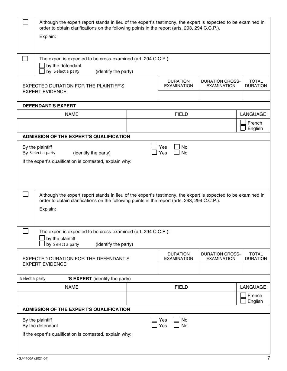 Form SJ-1100A Application for Setting Down for Trial and Judgment - Quebec, Canada, Page 8
