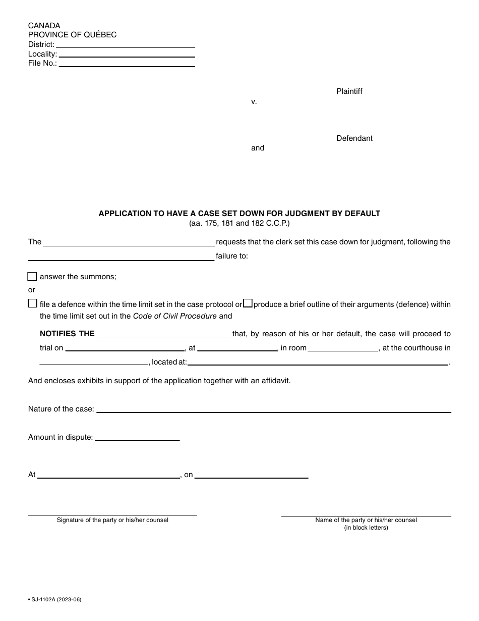 Form SJ-1102A Application to Have a Case Set Down for Judgment by Default - Quebec, Canada, Page 2