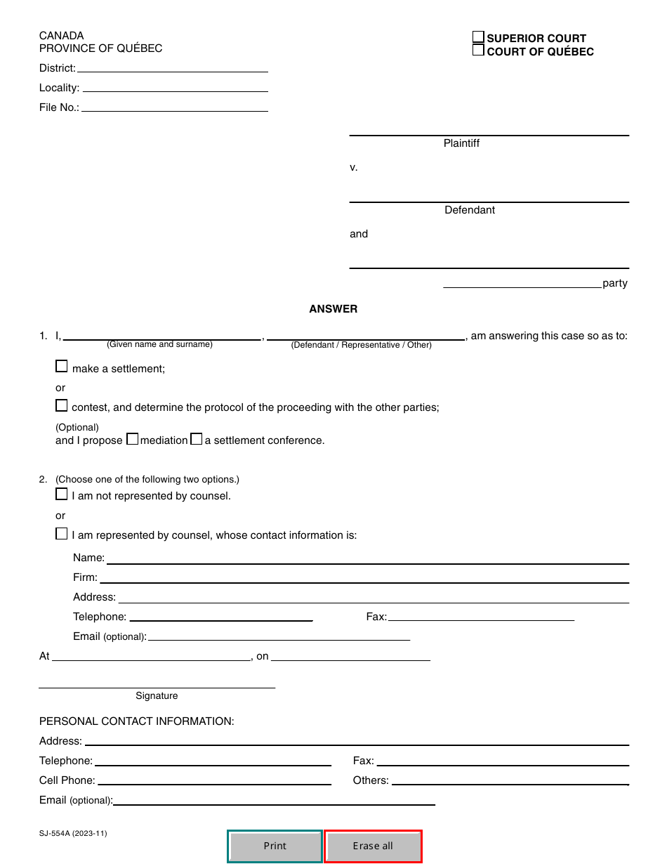 Form SJ-554A Answer - Quebec, Canada, Page 2