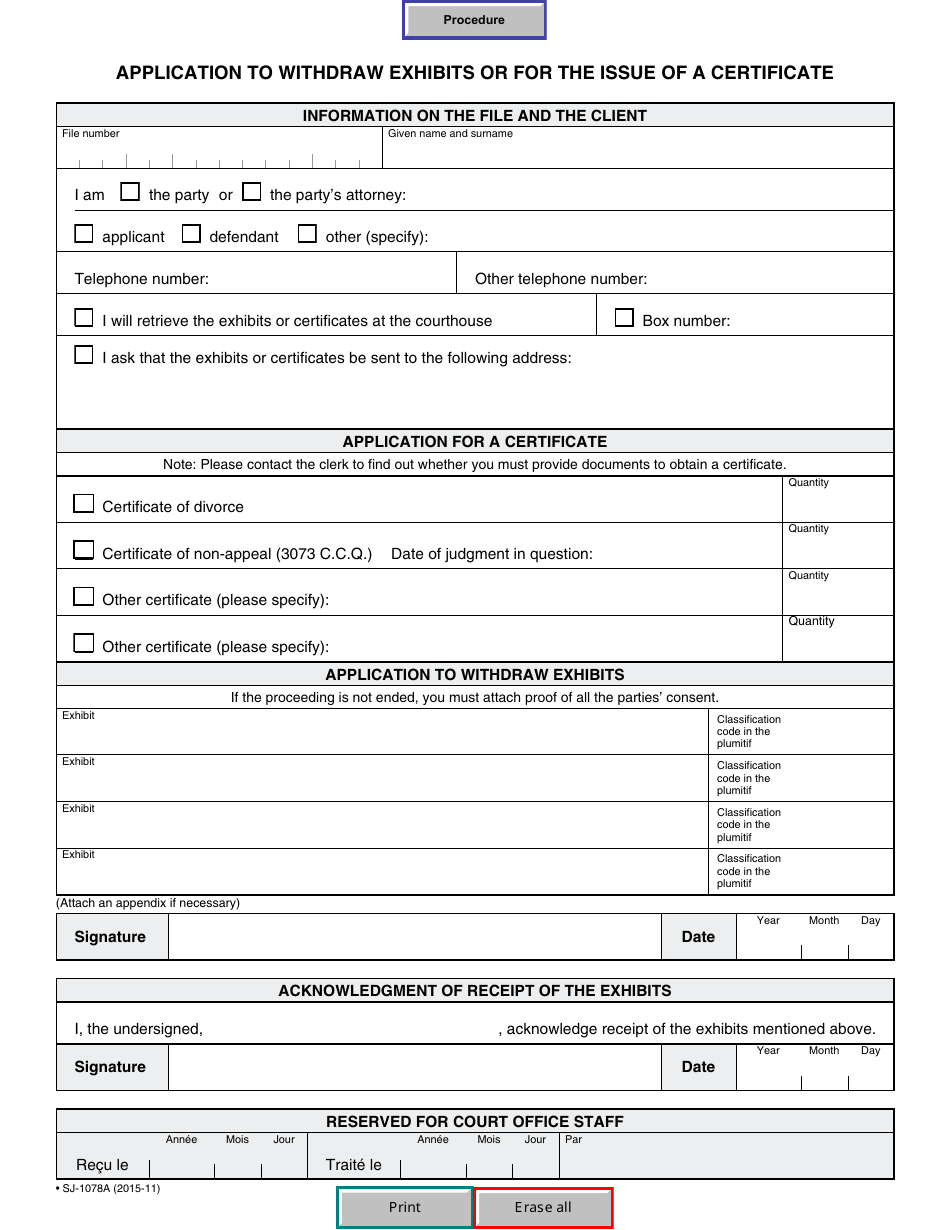 Form SJ-1078A Application to Withdraw Exhibits or for the Issue of a Certificate - Quebec, Canada, Page 1