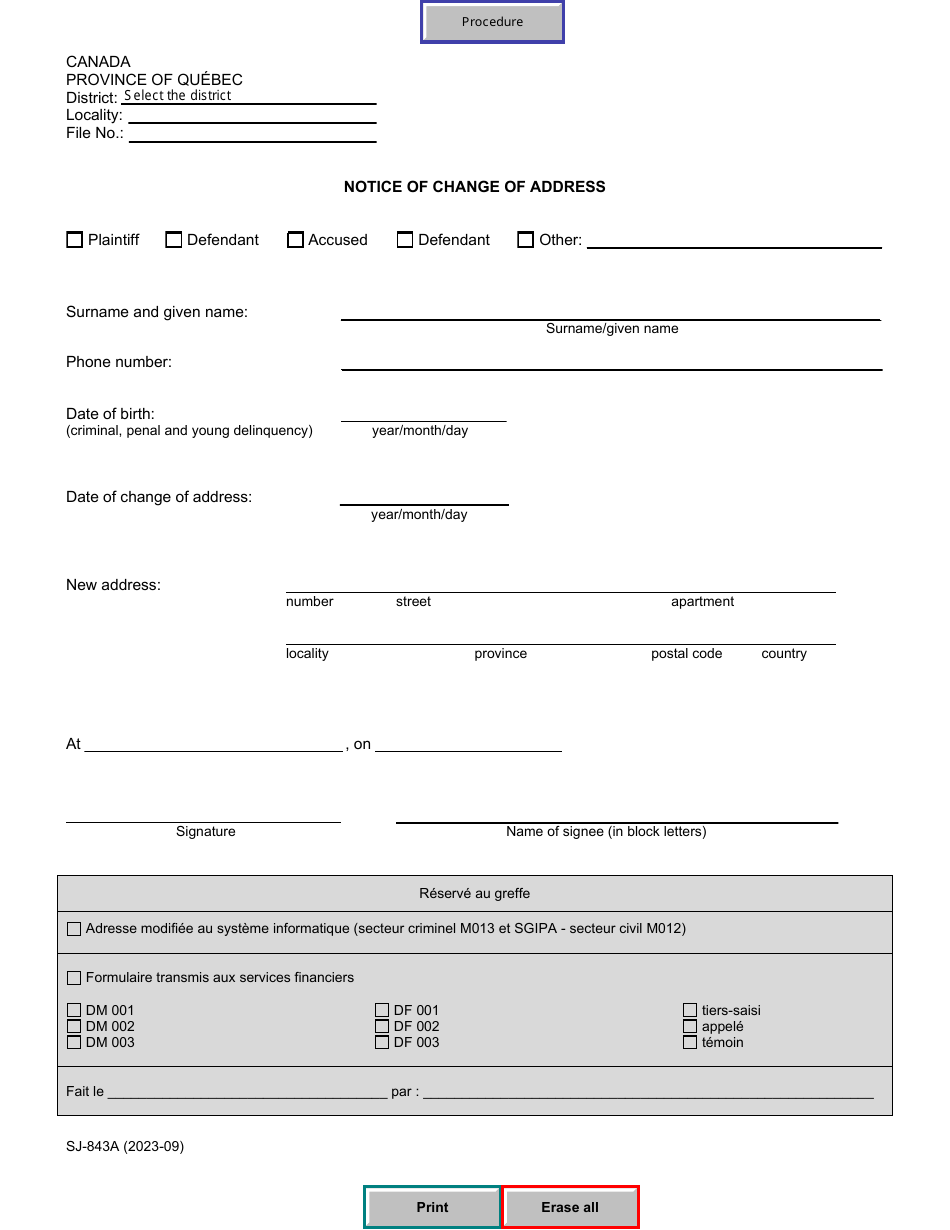 Form SJ-843A Notice of Change of Address - Quebec, Canada, Page 2