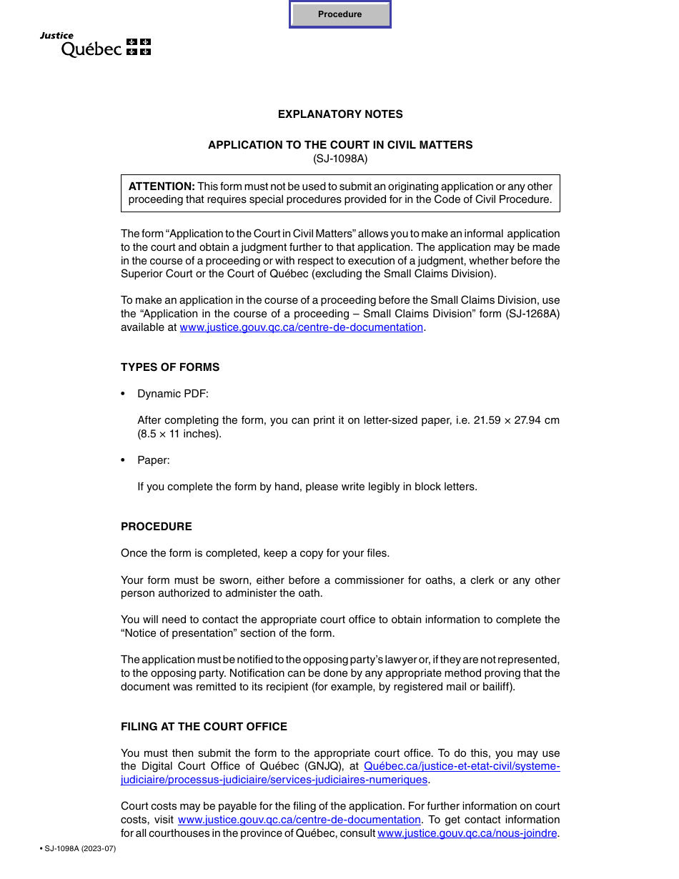Form SJ-1098A Application to the Court in Civil Matters - Quebec, Canada, Page 1