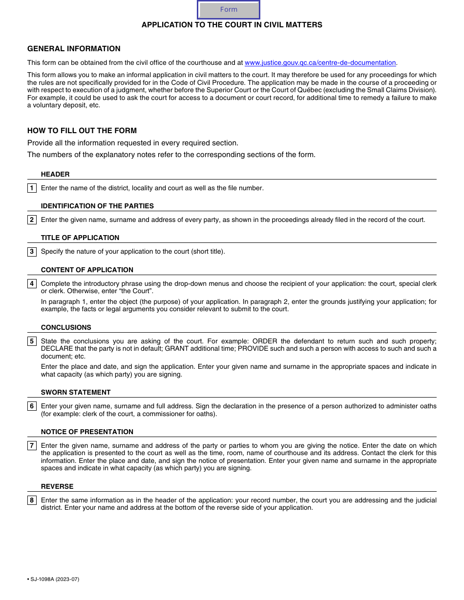 Form SJ-1098A Application to the Court in Civil Matters - Quebec, Canada, Page 2